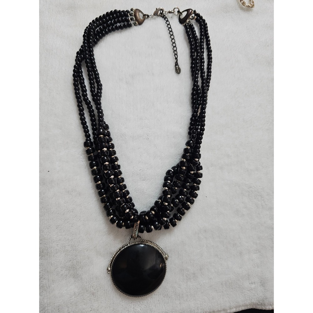 Black Multi Strand Beaded Statement Necklace with Large Round Pendant